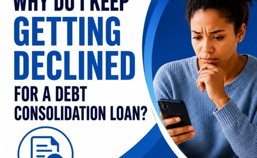 Why Do I Keep Getting Declined for a Debt Consolidation Loan? Square blog feature image showing a concerned woman looking at her phone with the headline “Why Do I Keep Getting Declined for a Debt Consolidation Loan?” in Premier Finance blue branding.