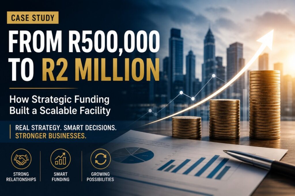 Stacked coins increasing in height with an upward growth arrow, representing business funding growth from R500,000 to R2 million.