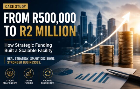 From R500,000 to R2 Million – Strategic Business Funding Case Study Stacked coins increasing in height with an upward growth arrow, representing business funding growth from R500,000 to R2 million.