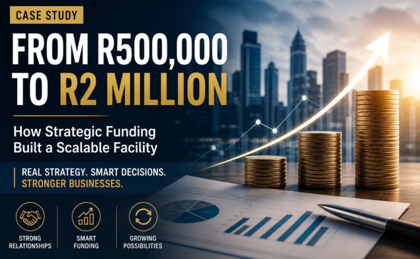 From R500,000 to R2 Million – Strategic Business Funding Case Study Stacked coins increasing in height with an upward growth arrow, representing business funding growth from R500,000 to R2 million.