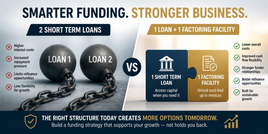 Comparison between two short-term loans and a combination of one loan with an invoice factoring facility, showing improved flexibility and funding structure.