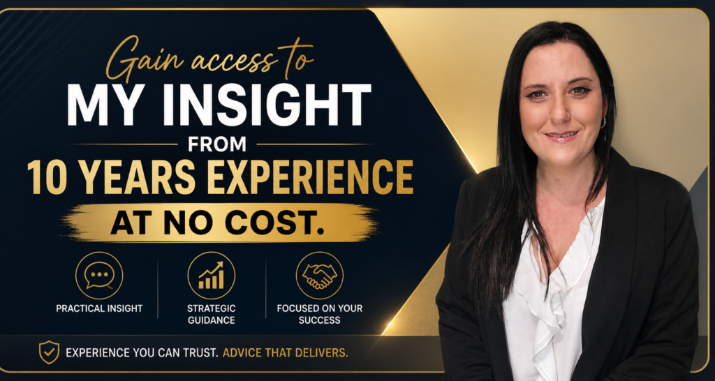 Professional business consultant portrait with text offering funding insight based on 10 years of experience at no cost.