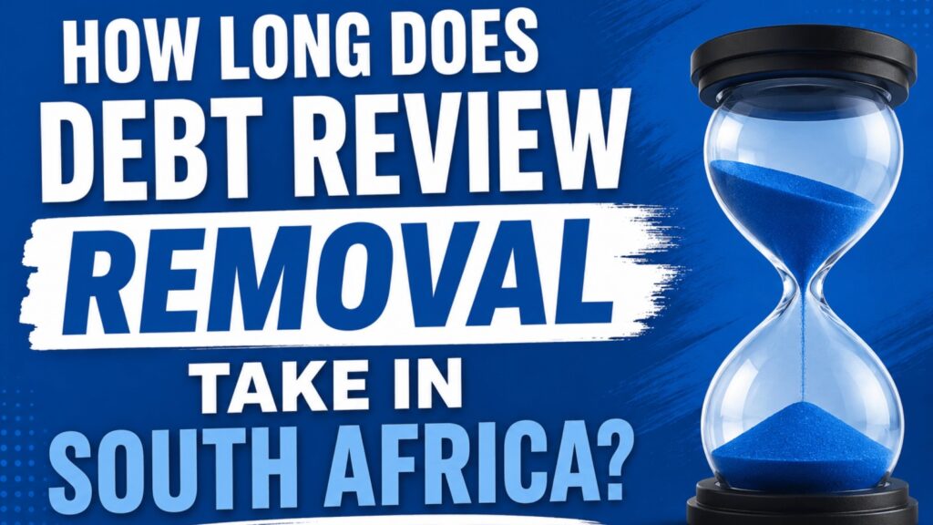 How long debt review removal takes in South Africa with hourglass illustration and blue background