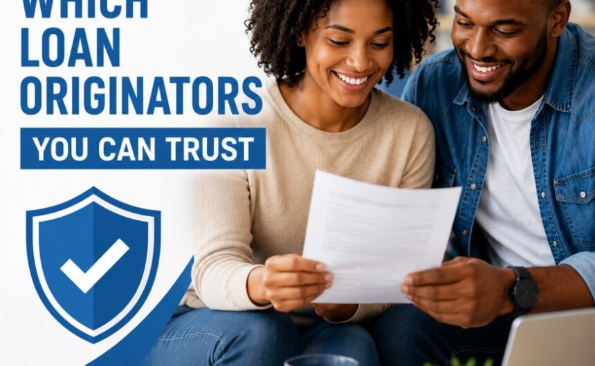 Trusted Loan Originators South Africa Featured Image South African couple reviewing loan paperwork with trust shield icon, representing safe and trusted loan originators.