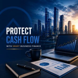 Protect Cash Flow With Smart Business Finance | Premier Finance Professional business finance image showing a city skyline, laptop with financial growth chart, and reports illustrating how businesses protect cash flow with smart funding.