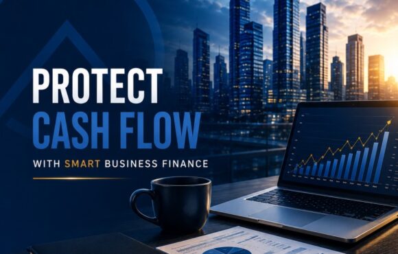 Protect Cash Flow With Smart Business Finance | Premier Finance Professional business finance image showing a city skyline, laptop with financial growth chart, and reports illustrating how businesses protect cash flow with smart funding.