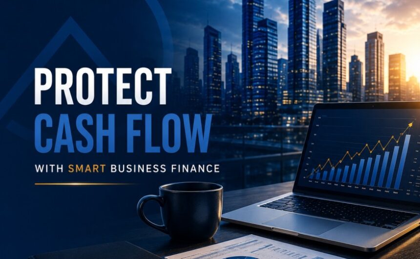 Protect Cash Flow With Smart Business Finance | Premier Finance Professional business finance image showing a city skyline, laptop with financial growth chart, and reports illustrating how businesses protect cash flow with smart funding.