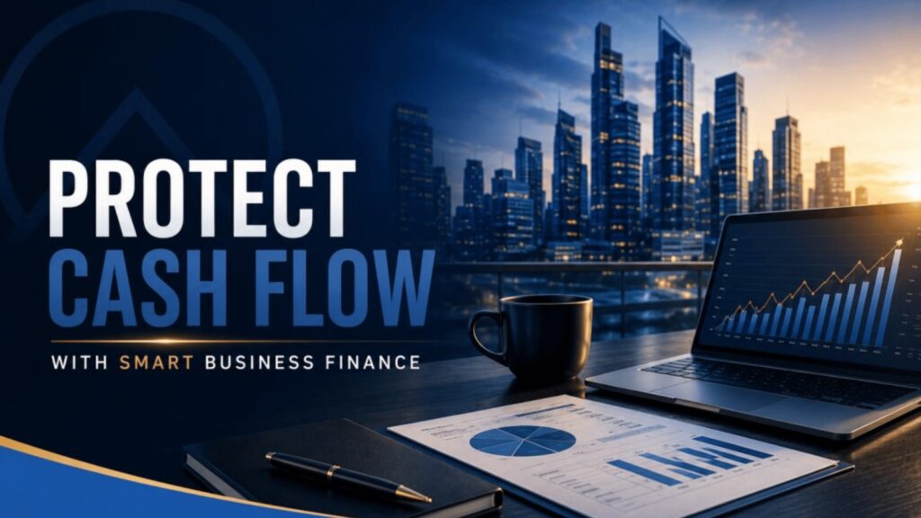 Professional business finance banner showing a city skyline, financial reports and laptop illustrating how smart businesses protect cash flow with finance.