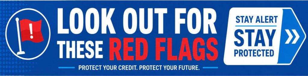 Blue and red warning banner highlighting loan application red flags consumers should watch out for before applying.