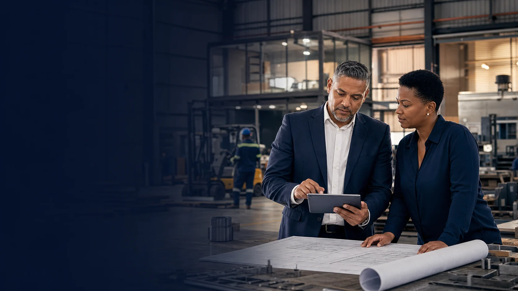 South African business professionals reviewing expansion plans in an established manufacturing facility