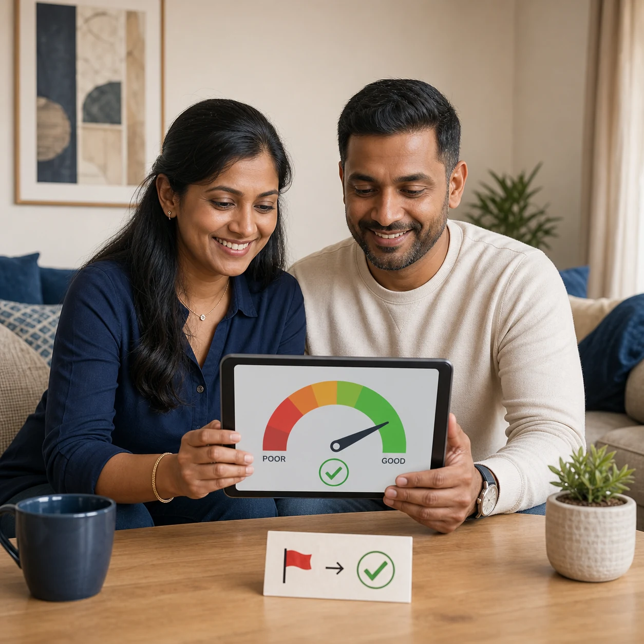 Couple viewing an improved credit profile and debt review removal