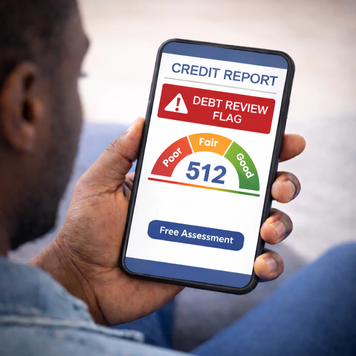 Phone displaying a credit report with a debt review flag and credit score