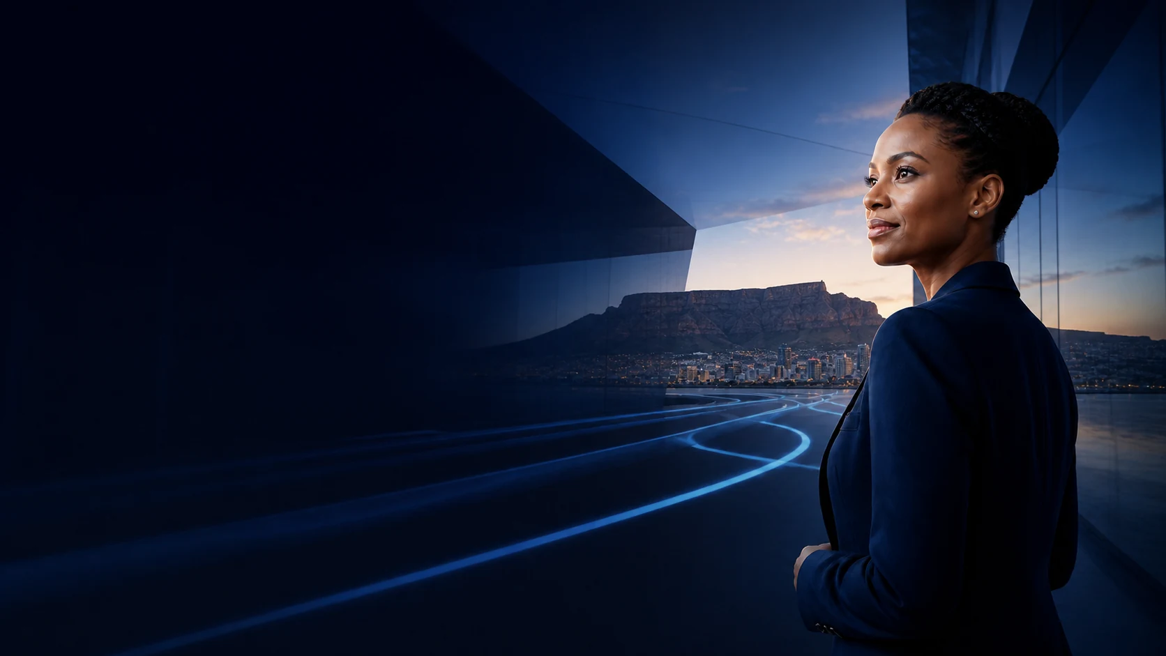 South African businesswoman overlooking Cape Town and Table Mountain