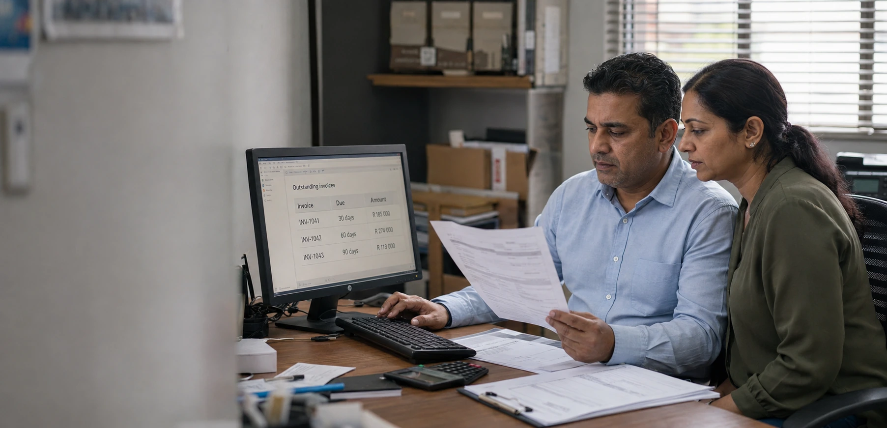 Business owners reviewing outstanding customer invoices and payment terms