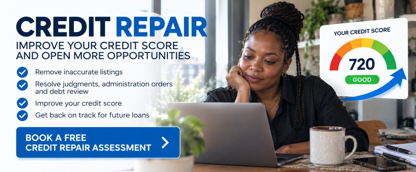 Credit Repair South Africa – Improve Your Credit Score | Premier Finance African woman reviewing her credit profile on a laptop, with a credit score of 720 and a Premier Finance free credit repair assessment promotion.