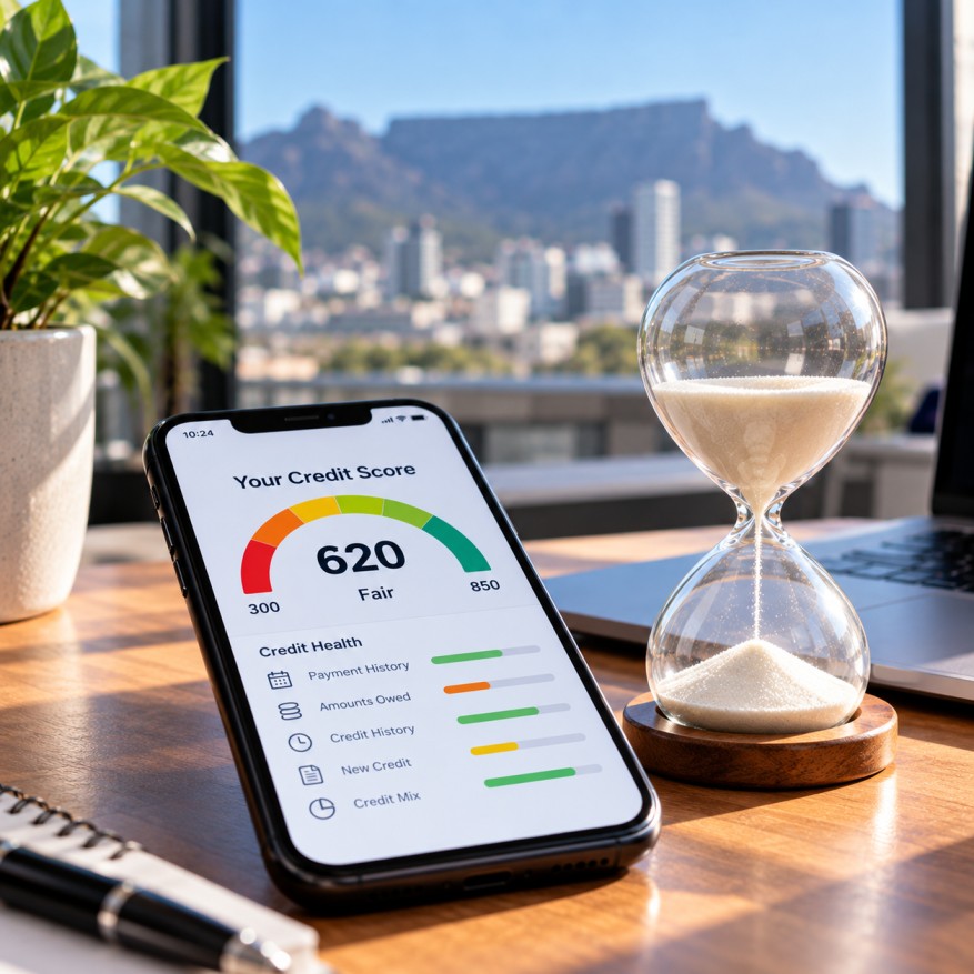 How Long Does Credit Repair Take to Improve My Credit Score? Smartphone displaying a credit score of 620 beside an hourglass, illustrating how long credit repair takes to improve your credit score.