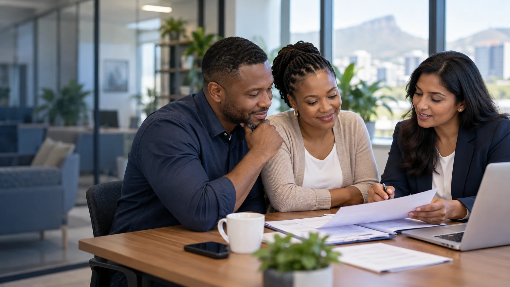 South African couple reviewing financial documents with a debt adviser