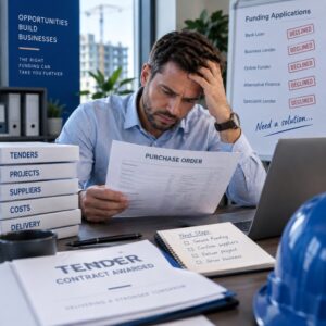 Purchase Order Finance in South Africa South African business owner reviewing a purchase order after funding applications were declined, highlighting the challenges of securing purchase order finance.